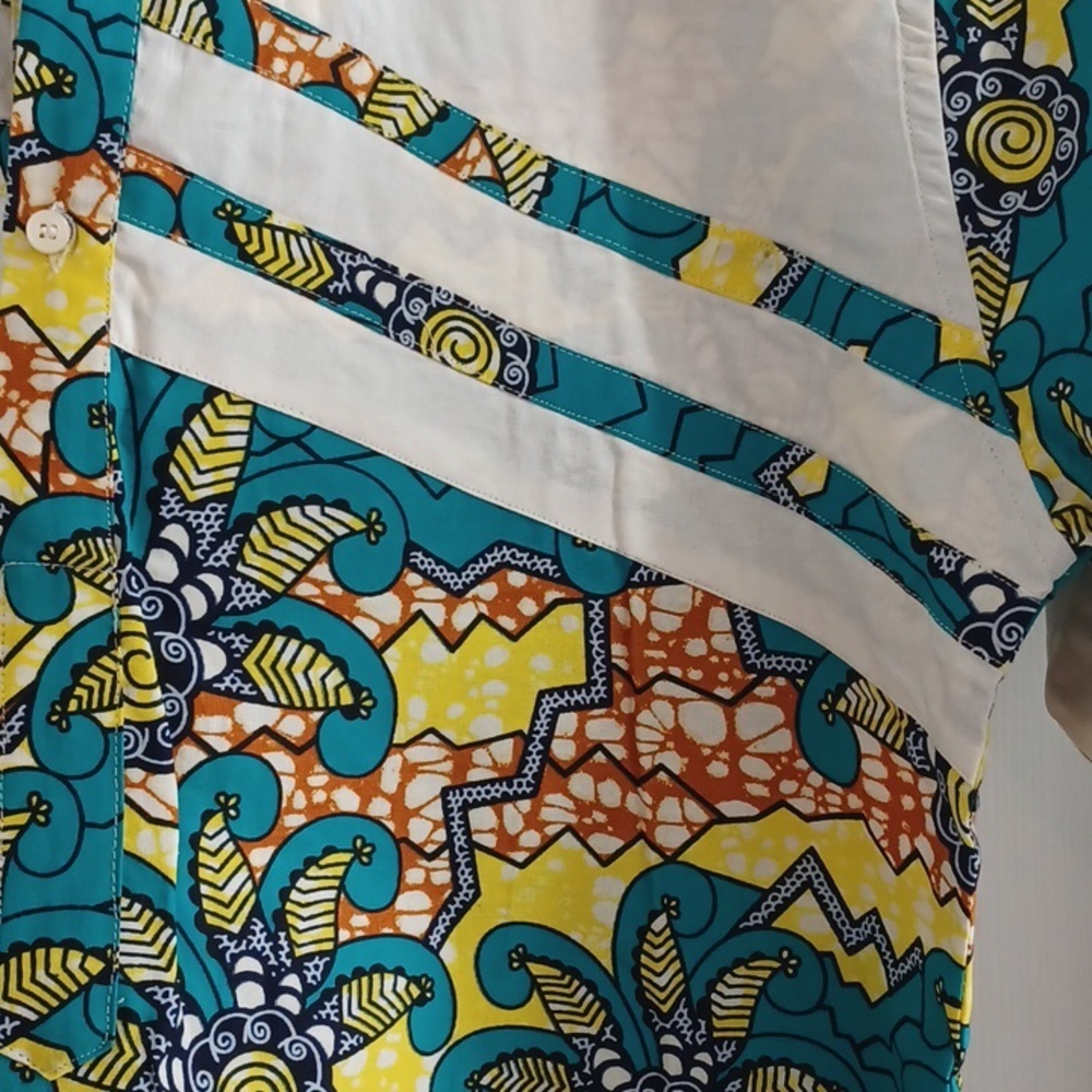 Ankara Short-Sleeve Turquoise & Yellow Print Pullover Slim-Fit Shirt, L - Picture 2 of 5